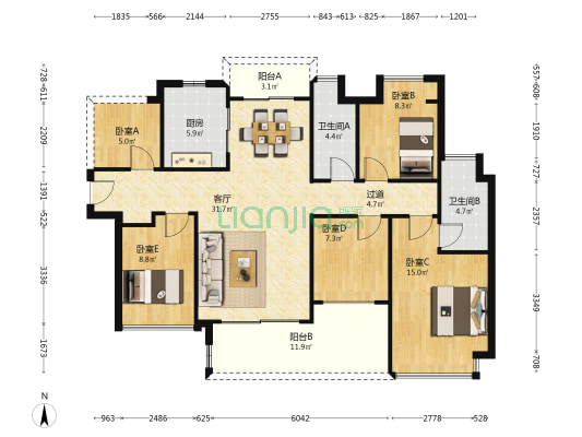 信利康乐创汇 5室1厅2卫 129平方