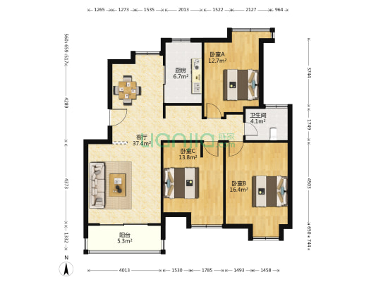 悦来花苑东区 3室1厅1卫 120平方