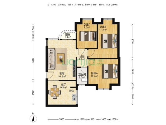 公交花园 3室2厅1卫 80平方