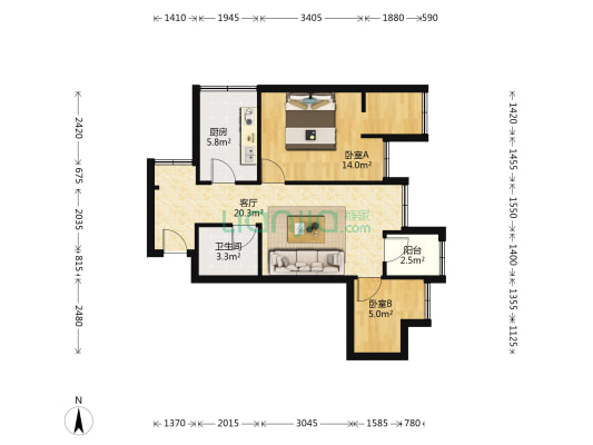 小高层住家装修两居室，带你家具家电 出售-户型图