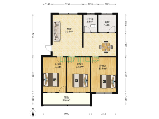 木材公司家属院 3室1厅1卫 109平方