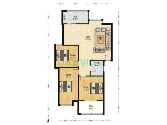 桥口新村小区 3室1厅1卫 117平方