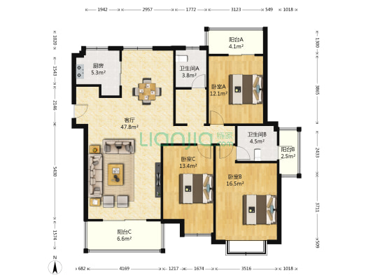 领秀江南 3室1厅2卫 136平方