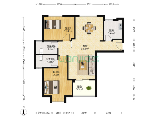 硕实馨园 2室1厅2卫 109平方