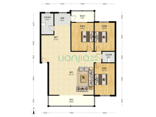 方正园 3室2厅2卫 163平方