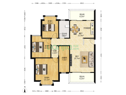 海悦居 3室2厅1卫 118平方
