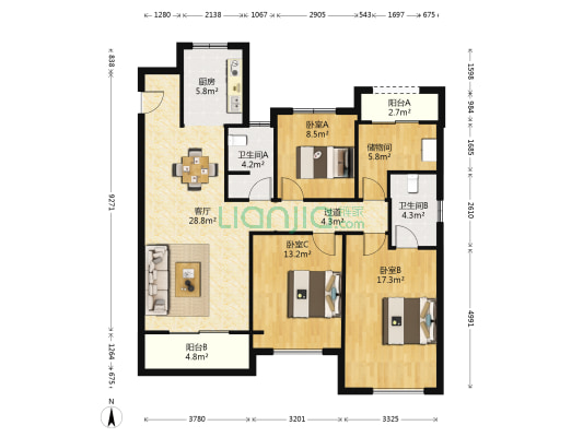 龙湖香醍国际社区 3室1厅2卫 128平方