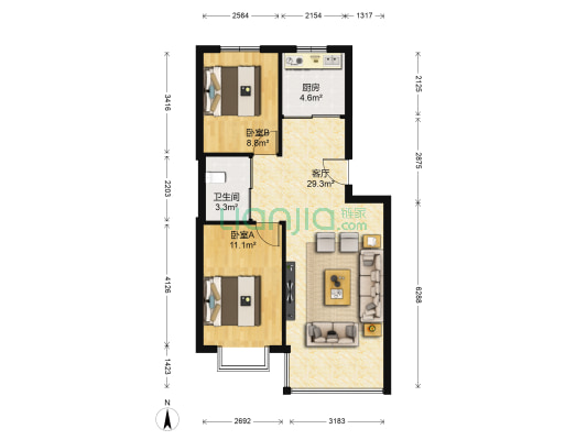 新华人家A区 2室1厅1卫 71平方