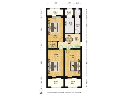 城角西路13号院 3室1厅1卫 89平方