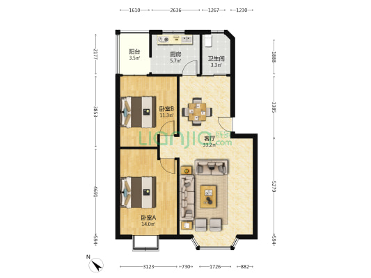 阳光苑 2室1厅1卫 85平方