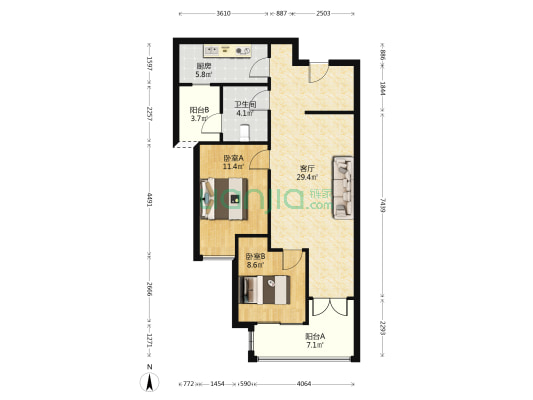 龙湖北滨910 2室1厅1卫 90平方