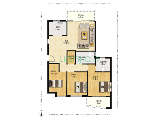 中环商业广场 3室1厅2卫 146平方