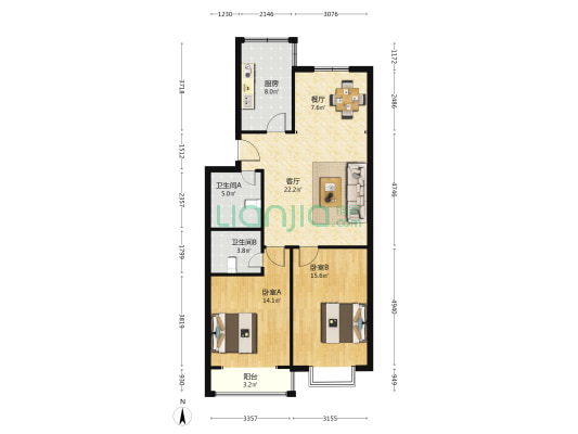 北崂路 2室2厅2卫 98平方