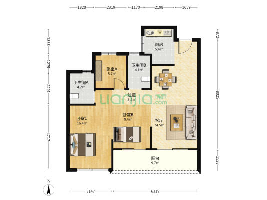 德信赋富春云庄 3室1厅2卫 101平方