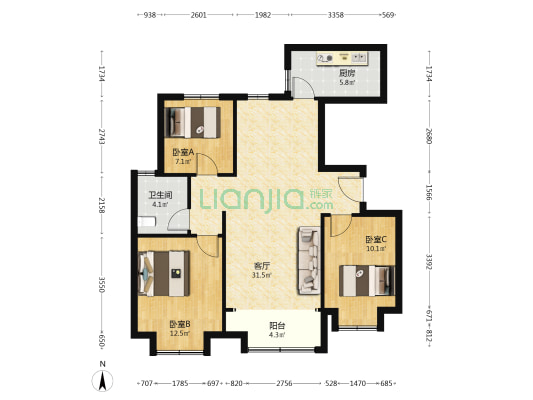 中康·清照蘭庭 3室1厅1卫 113平方