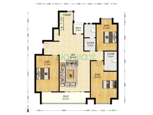 水岸府邸东区 3室1厅2卫 142平方
