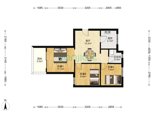 吉如家园 3室1厅1卫 74平方