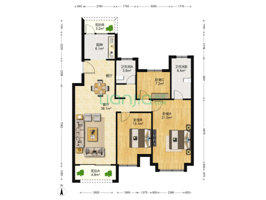 江景瑞园 3室1厅2卫 128平方