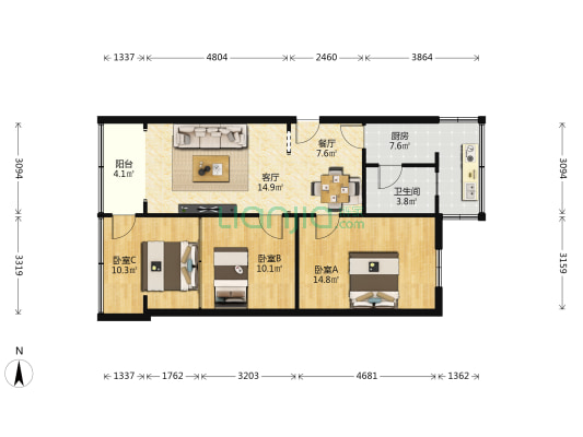 火车站东路小区 3室2厅1卫 90平方