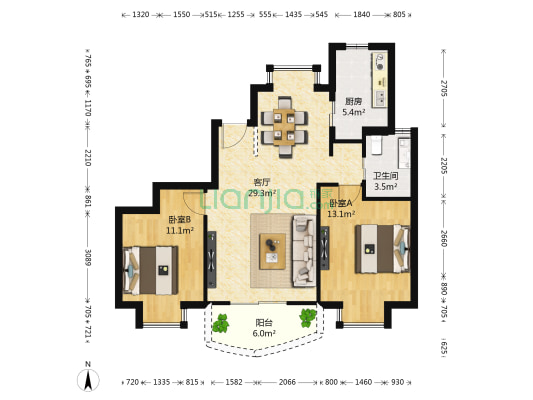 海航白金汇 2室1厅1卫 92平方