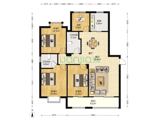 冠盛东海岸 4室1厅2卫 135平方