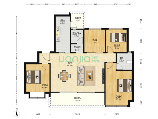 新力东园 4室1厅3卫 144平方