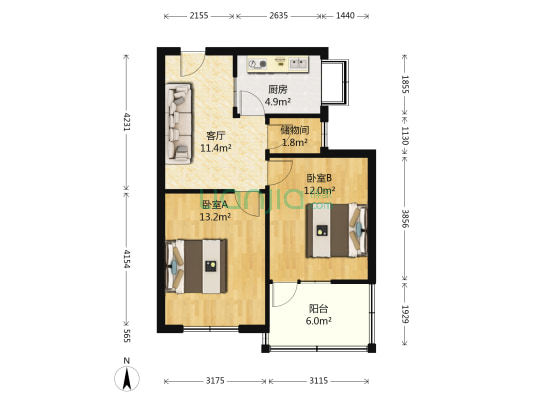 省二建宿舍 2室1厅0卫 62平方