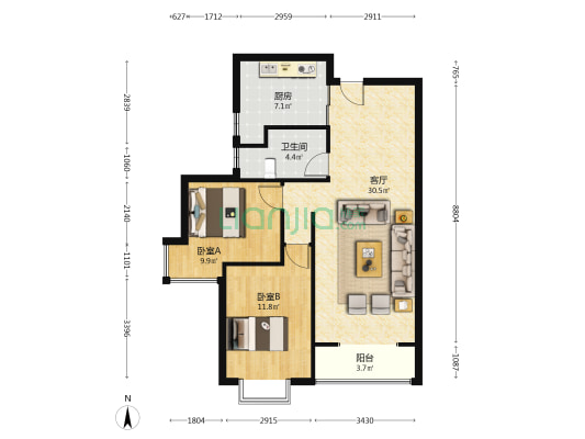 房子属于朝南两居中间楼层，户型方正没有浪费空间。-户型图