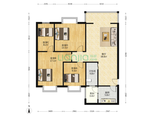 北庭春天 4室1厅1卫 118平方