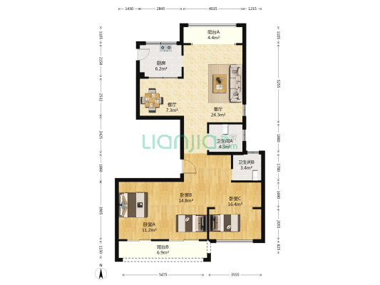 大诚名座 3室2厅2卫 126平方