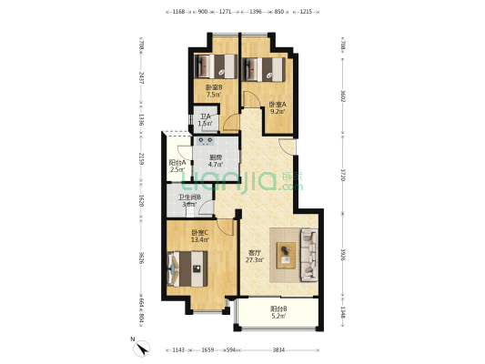 朗庭雅居 3室1厅2卫 93平方