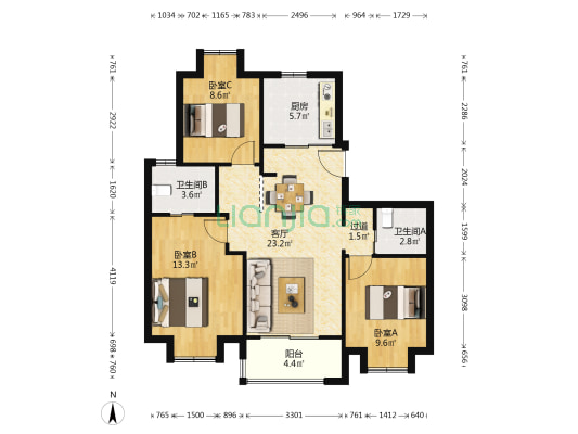 万科慕尼风尚 3室1厅2卫 97平方