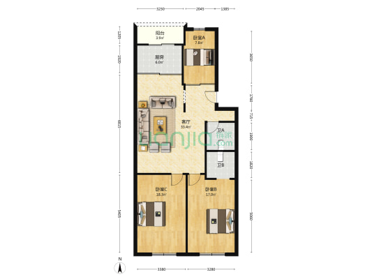 金钗街688号 3室1厅2卫 110平方