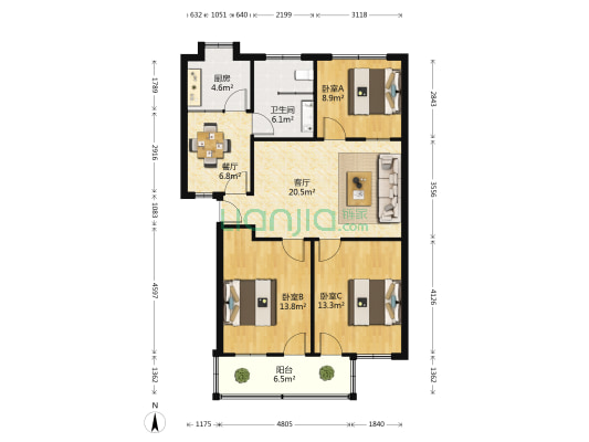 青山湖北大道 3室2厅1卫 83平方