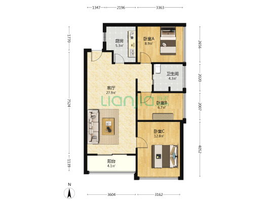 金地国际公寓 3室1厅1卫 87平方