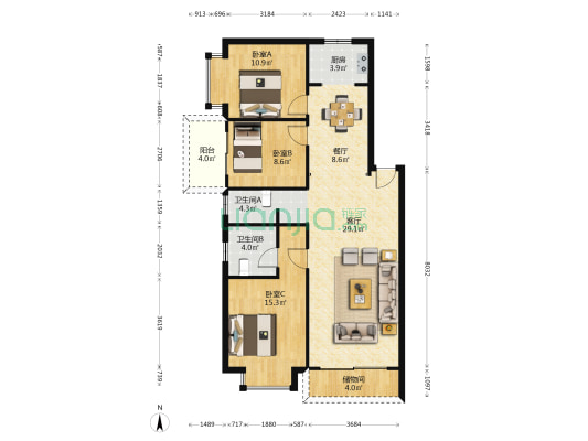 御景苑 3室2厅2卫 108平方