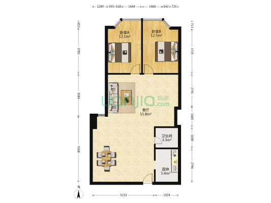 北辰名都 2室1厅1卫 113平方