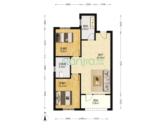 华宇中金河御雅院 2室1厅1卫 85平方