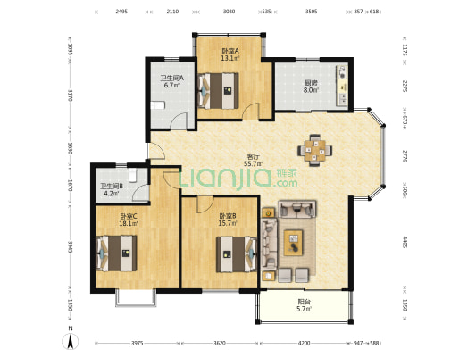 世纪华庭 3室1厅2卫 158平方