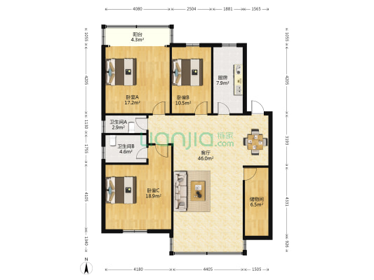 信利公寓 3室1厅2卫 130平方