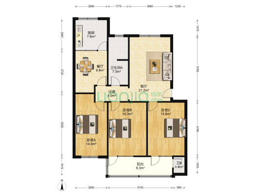 校北小区 3室2厅2卫 130平方