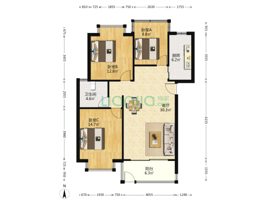 都市绿舟 3室1厅1卫 95平方