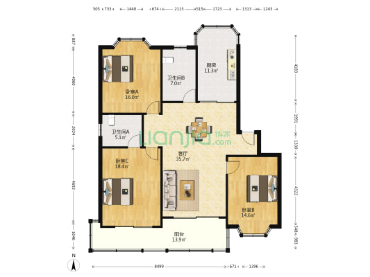 金汇广场 3室1厅2卫 134平方