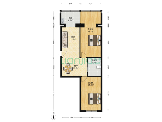 黄色楼小区 2室2厅1卫 88平方
