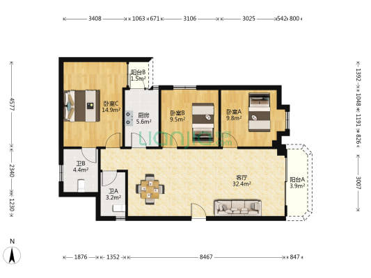 恒业大厦 3室1厅2卫 108平方