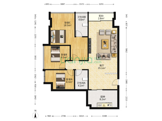 尚峰酒店公寓 3室1厅2卫 133平方