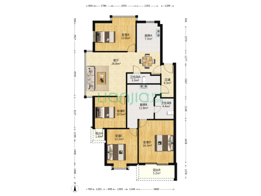 堡一景园 4室1厅2卫 135平方