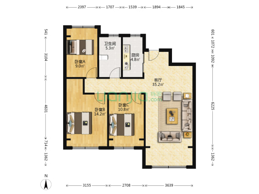 华润崑崙御 3室1厅1卫 109平方
