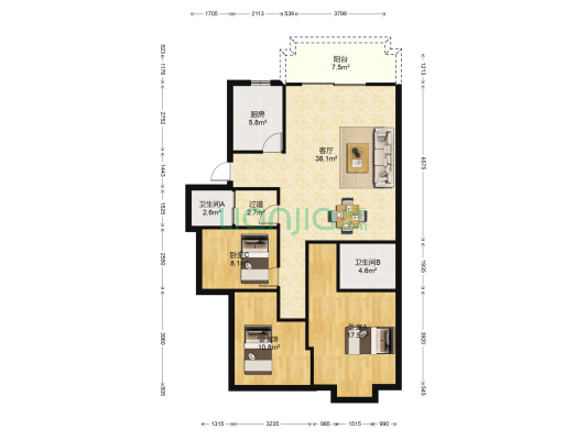 融侨东区B区 3室1厅2卫 121平方