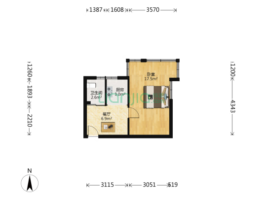 解北大楼 1室1厅1卫 42平方